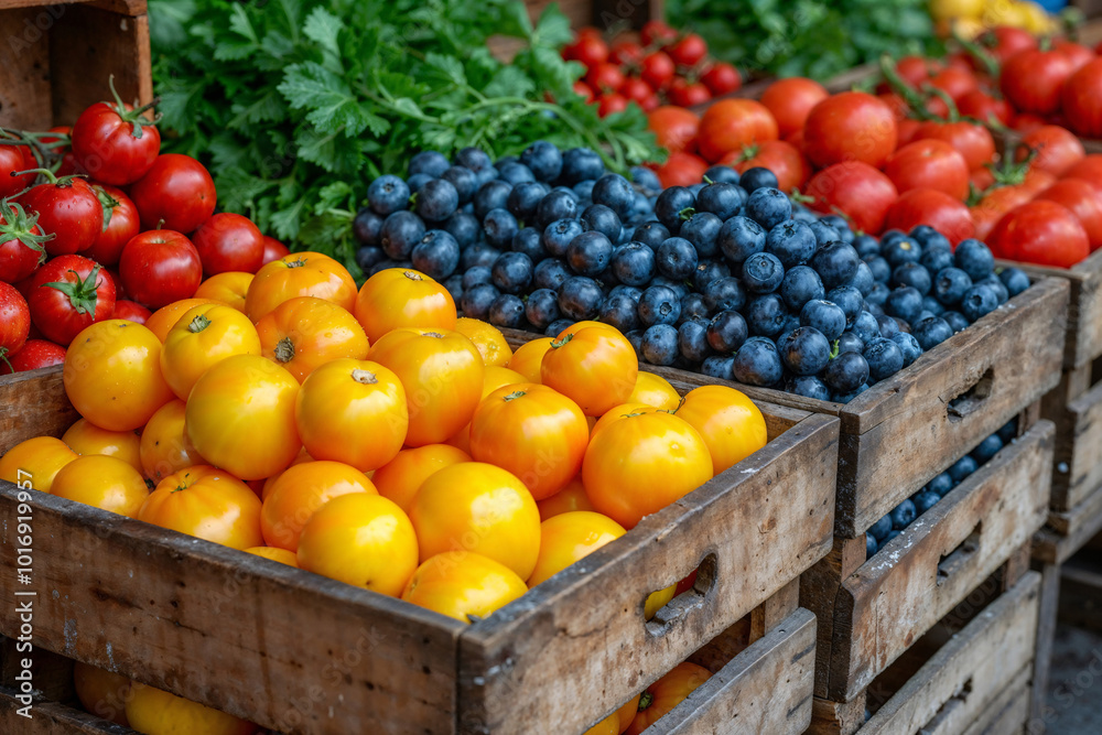 Vibrant display of fresh tomatoes and berries at a farmer's market. Vibrant display of fresh tomatoes and berries at a farmer's market.