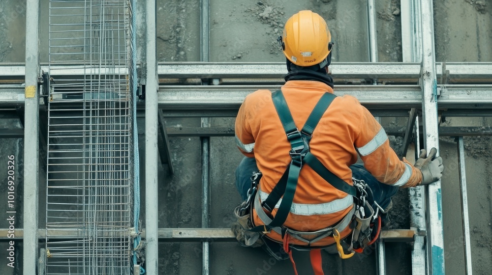 Worker using a safety harness while working on an elevated construction platform with clear safety barriers and equipment in view Worker using a safety harness while working on an elevated construction platform with clear safety barriers and equipment in view