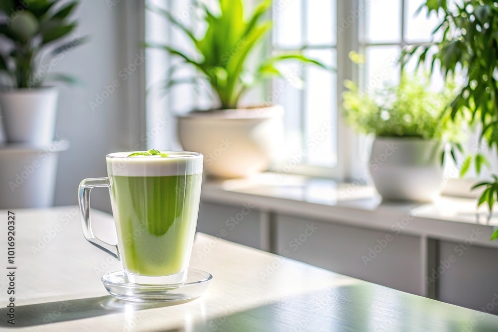 Minimalist glass cup of matcha latte on white table by sunny window with plant in background Minimalist glass cup of matcha latte on white table by sunny window with plant in background