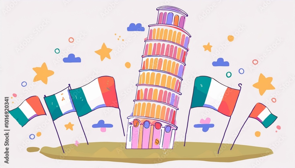 Italian landmark with flags