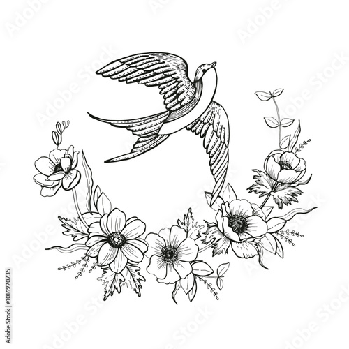 Graphic illustration Floral frame and bird