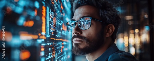 Bearded Man Looking at a Digital Screen with Code Reflected in His Glasses