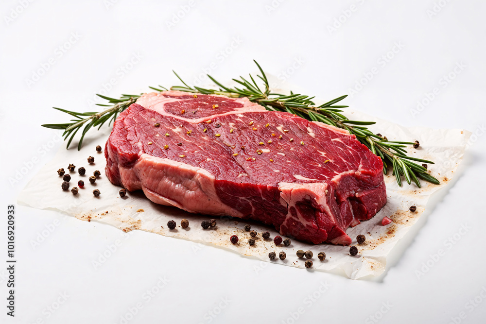 Fresh raw steak with rosemary and peppercorns on white paper, ready for gourmet cooking. Fresh raw steak with rosemary and peppercorns on white paper, ready for gourmet cooking.