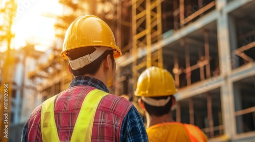 Workers demonstrating safety practices on a construction site with visible use of safety helmets and equipment