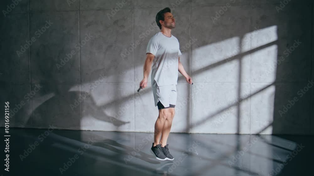Active athlete jumping rope in studio background. Determinate sportsman training Active athlete jumping rope in studio background. Determinate sportsman training