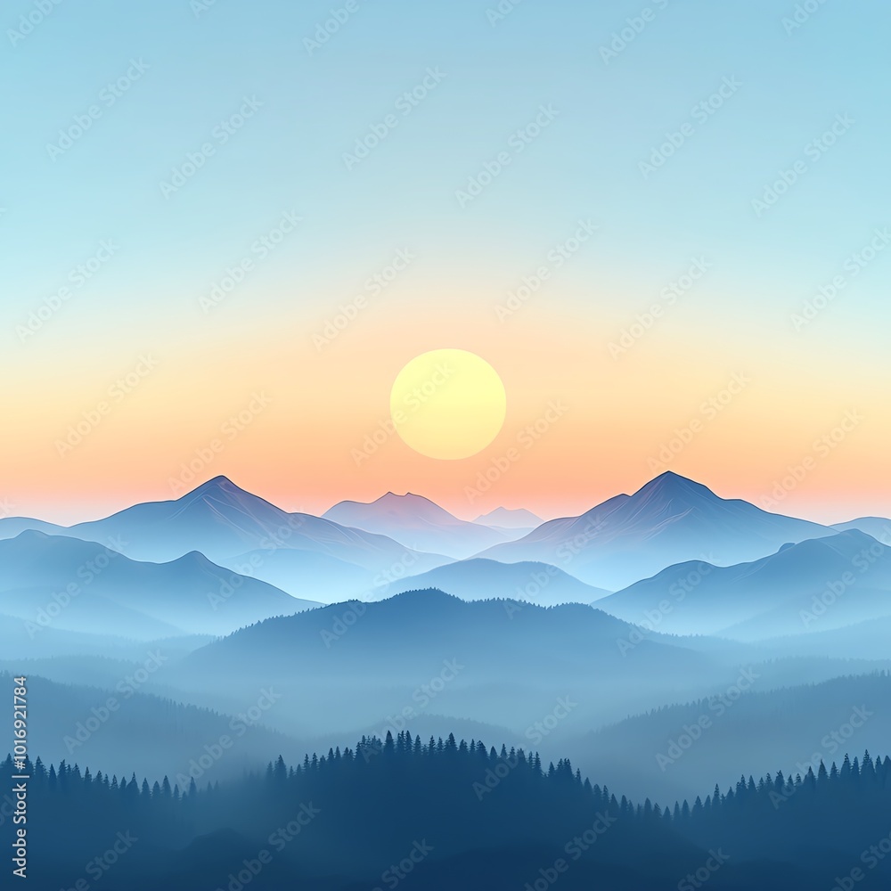 Calm sunrise over peaceful landscape, soft light symbolizing new hope and tranquility, 3D illustration Calm sunrise over peaceful landscape, soft light symbolizing new hope and tranquility, 3D illustration