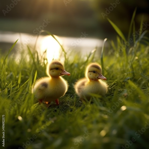 Ducklings in the Grass at Sunset