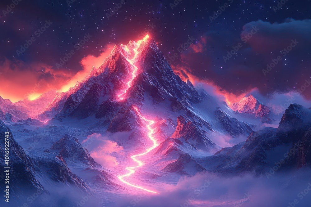 futuristic mountain peak with glowing neon path spiraling to summit ethereal scifi landscape under starry night sky with aurora futuristic mountain peak with glowing neon path spiraling to summit ethereal scifi landscape under starry night sky with aurora