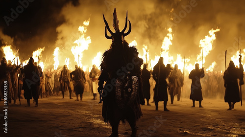 Ancient Celtic Samhain festival reenactment with warriors holding torches and a horned figure leading the fiery ritual under a night sky.