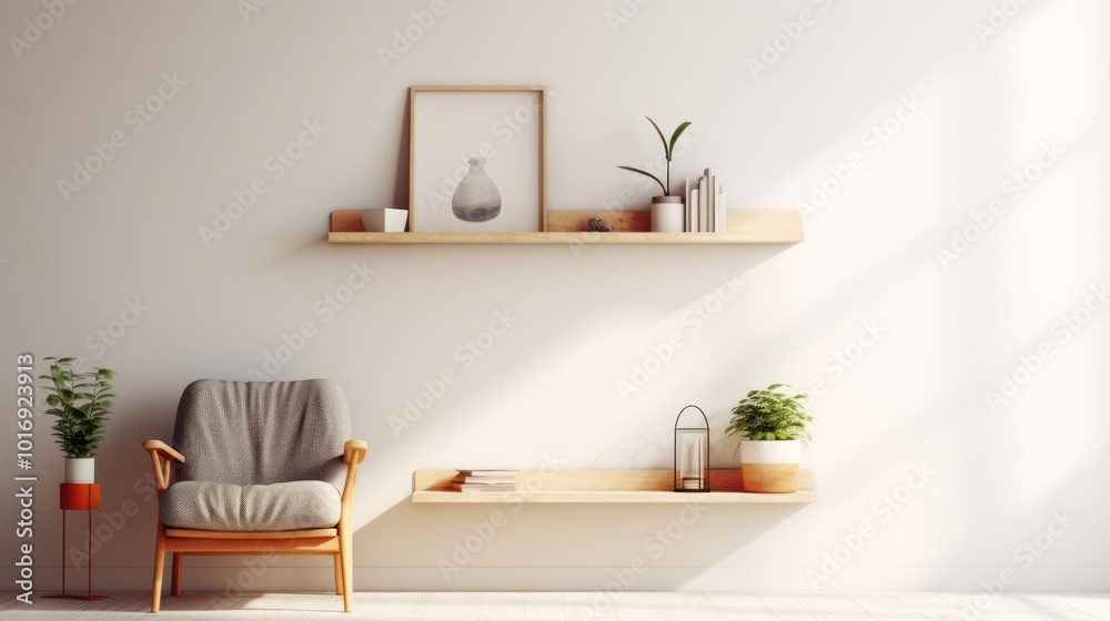 Minimalist Living Room with Wooden Shelves and Comfortable Armchair Minimalist Living Room with Wooden Shelves and Comfortable Armchair