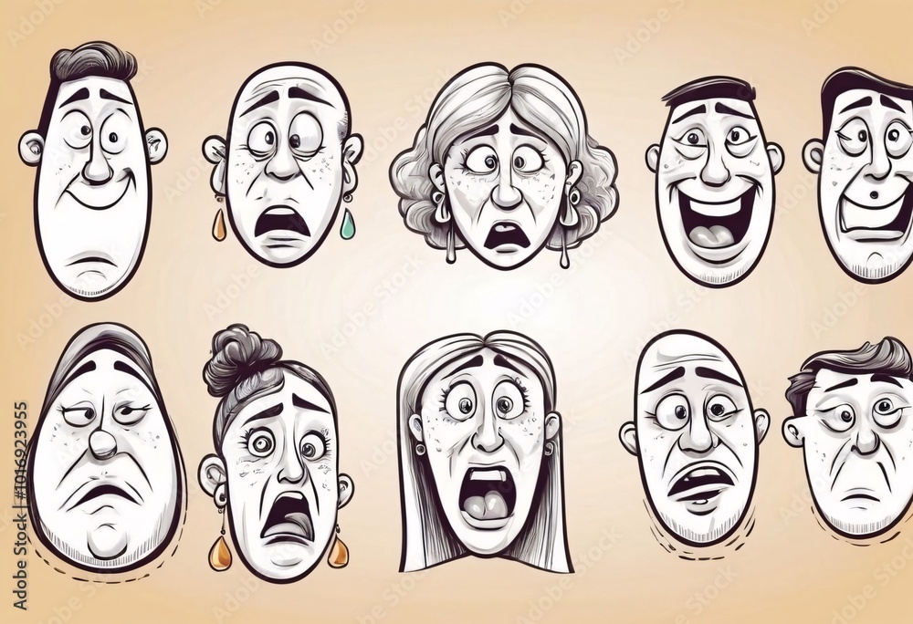Caricature doodle character face expressions. Smiling, crying, surprised. Isolated modern illustration icons. Cartoon expressions. Caricature doodle character face expressions. Smiling, crying, surprised. Isolated modern illustration icons. Cartoon expressions.
