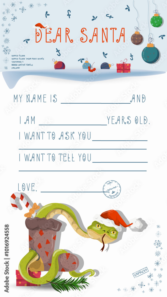 Fototapeta premium A letter for Santa Claus with lines to fill in wishes and data A snake climbs out of a sock for gifts