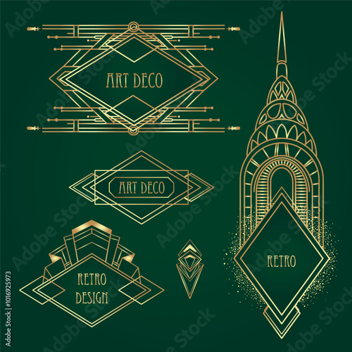 Art Deco vintage gold patterns over dark green, frames and design elements. Retro party geometric background set 1920s style. Vector illustration for glamour party, thematic wedding or textile prints.