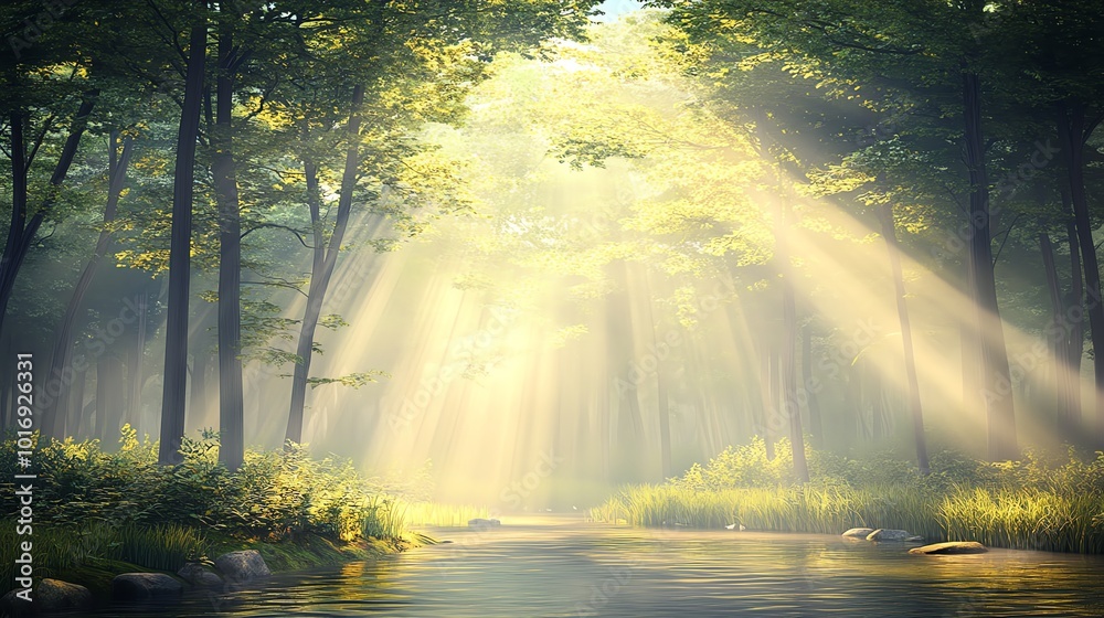 Serene forest with diverse wildlife coexisting in peaceful harmony, tranquil atmosphere, 3D illustration Serene forest with diverse wildlife coexisting in peaceful harmony, tranquil atmosphere, 3D illustration