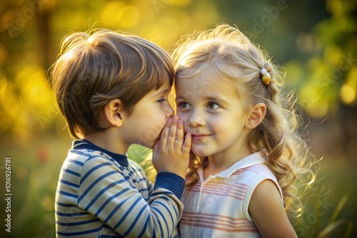 Boy and girl sharing secrets in garden sweet candid moment