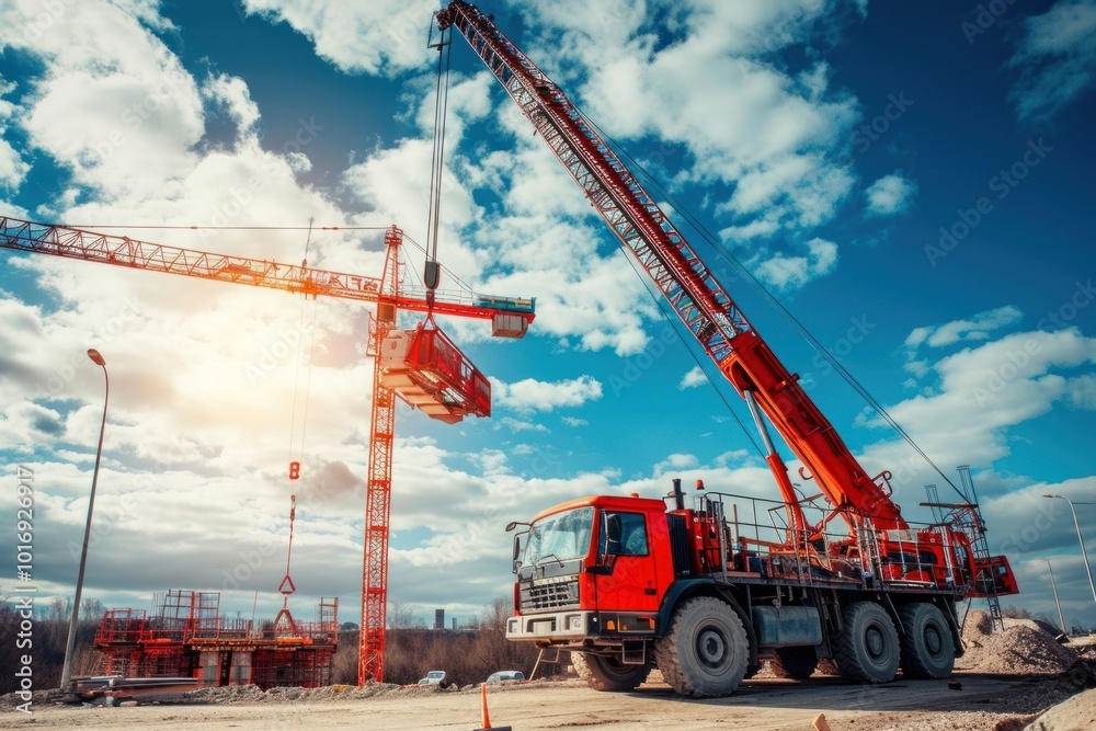Mobile Crane on a road and tower crane construction vehicle construction site.
