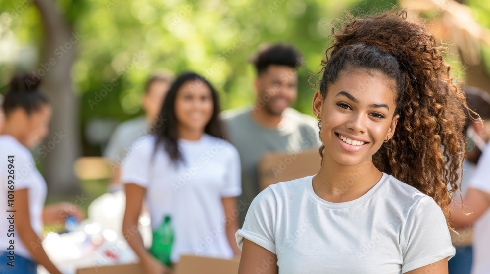Smiling young woman volunteering outdoors with group packing boxes Smiling young woman volunteering outdoors with group packing boxes