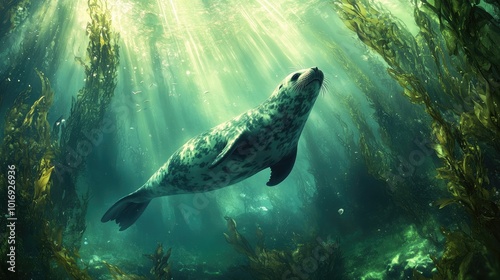 Seal Swimming Through Sunlit Underwater Forest