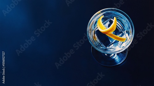 A glass of water with a lemon twist and ice cubes on a dark blue background.