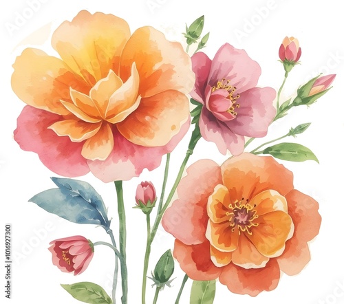 The image is a digital illustration of a variety of colorful flowers and plants