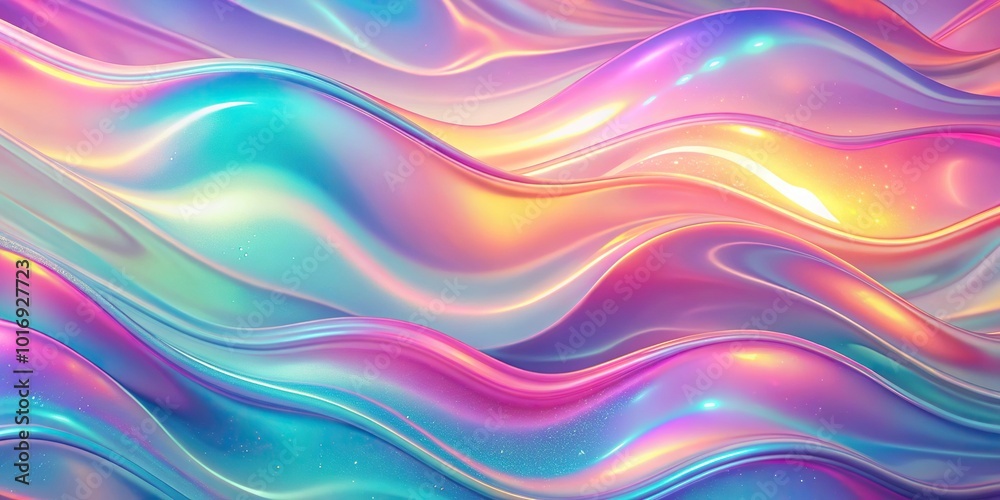 Abstract holographic background with shimmering waves in pink, blue, and yellow colors Abstract holographic background with shimmering waves in pink, blue, and yellow colors