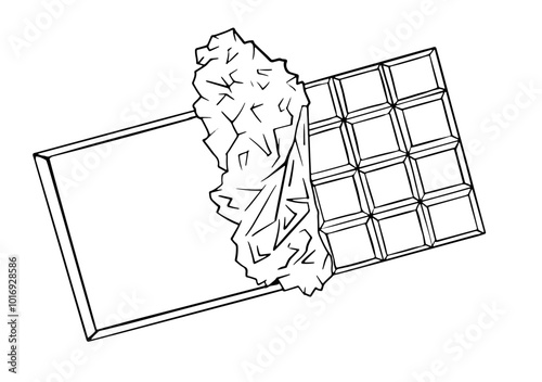 partially unwrapped chocolate bar with visible squares. It’s a simple, black and white vector, perfect for packaging, coloring pages, posters, or food-related designs.