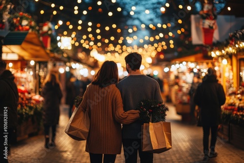young couple shopping for holiday gifts and decorations, holding bags and wreath at crowded holiday market on cozy evening. warm string lights in background. christmas and new year sale poster