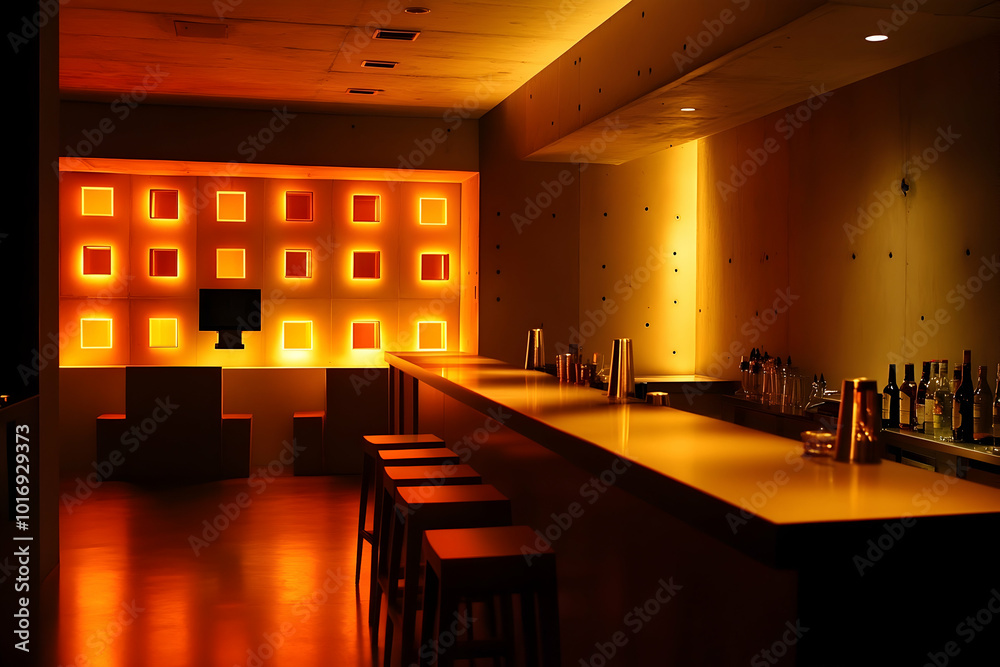 Bar area illuminated by soft, ambient lights Bar area illuminated by soft, ambient lights
