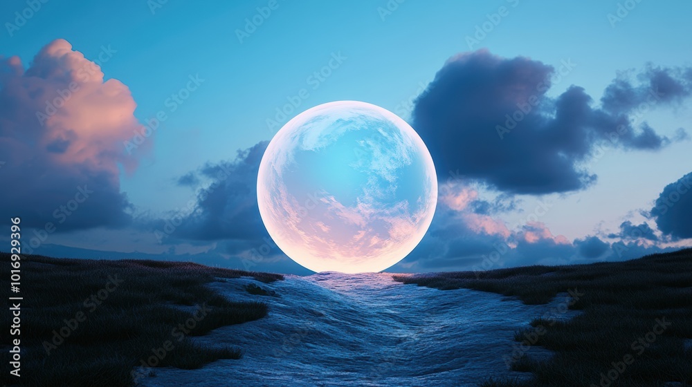 A path leads to a giant, glowing sphere that distorts the viewer perception of space and time, creating a surreal and mind bending experience. A path leads to a giant, glowing sphere that distorts the viewer perception of space and time, creating a surreal and mind bending experience.