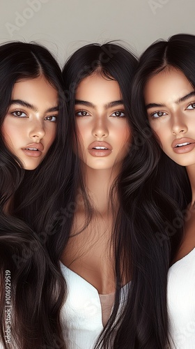 three young women with long, wavy hair for hair advertisment photoshoot.