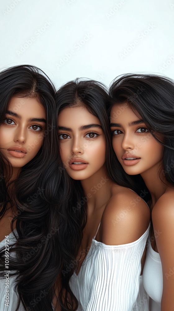 Obraz premium three young women with long, wavy hair for hair advertisment photoshoot.