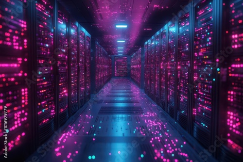 futuristic server room filled with complex network equipment and colorful cables creating a hightech atmosphere of data flow and connectivity