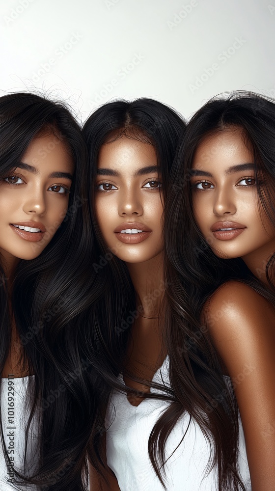 three young women with long, wavy hair for hair advertisment photoshoot. three young women with long, wavy hair for hair advertisment photoshoot.