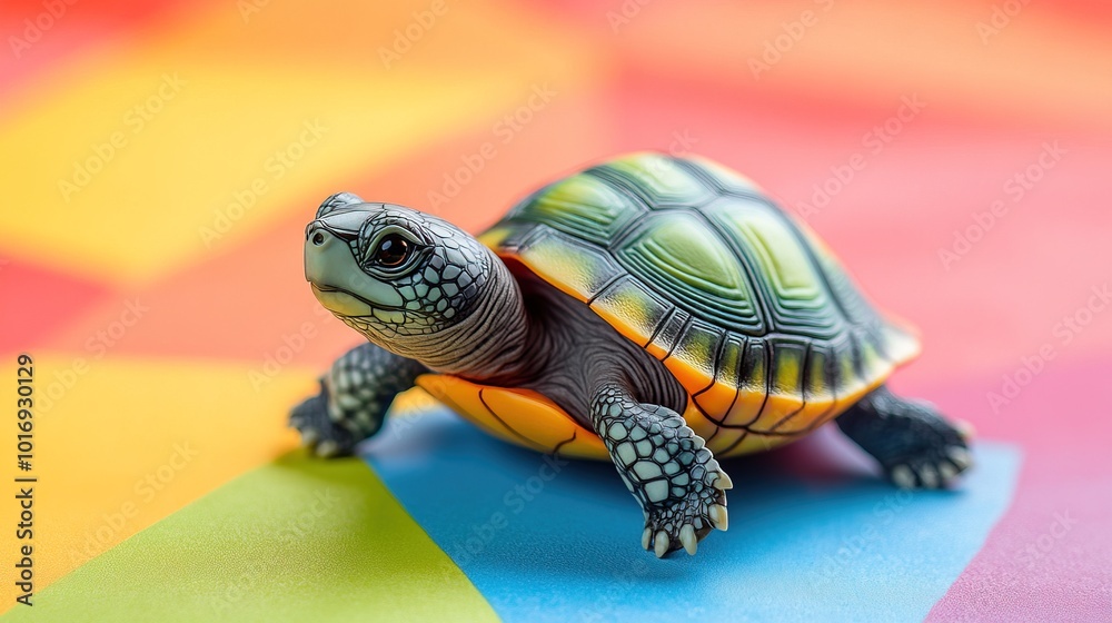Fototapeta premium Cute soft toy turtle on a colorful background