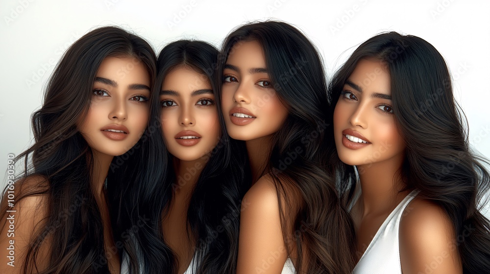 three young women with long, wavy hair for hair advertisment photoshoot. three young women with long, wavy hair for hair advertisment photoshoot.
