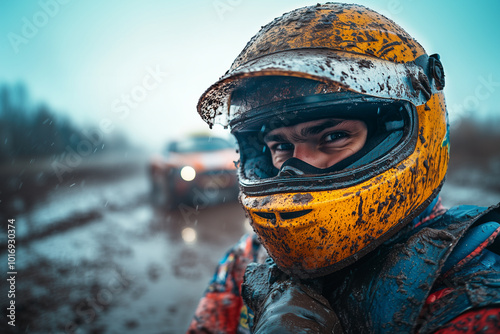 Rally driver man in a helmet on a dirty car background. Motorsport.