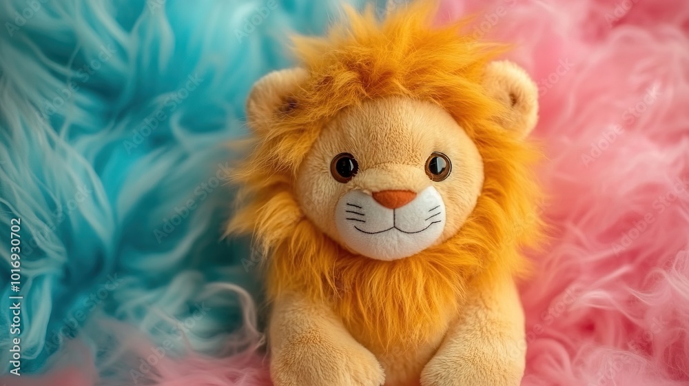 Cute soft toy lion on a colorful background 