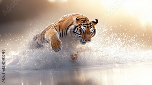 A tiger leaping across a river, with a powerful and graceful leap. photo