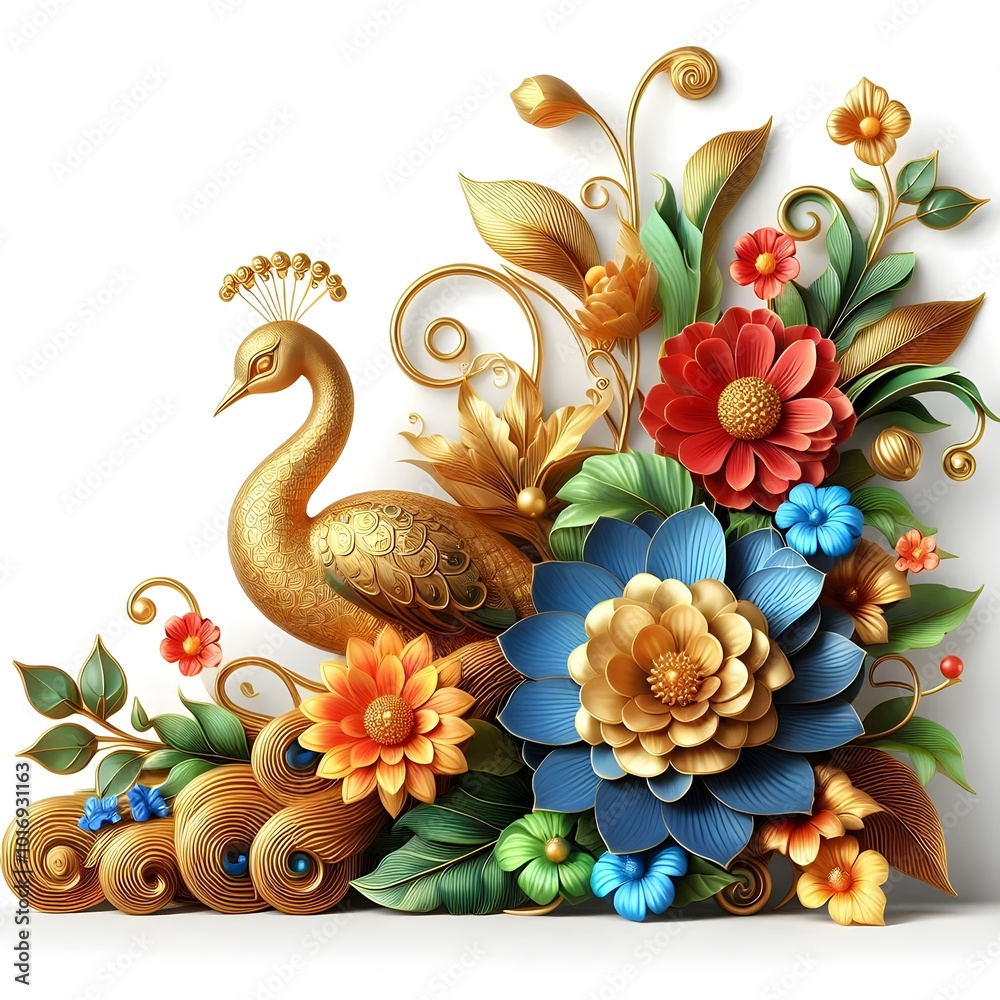 Flowers and a peacock surround a peacock golden with color roses Flowers and a peacock surround a peacock golden with color roses