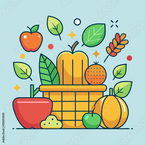 Autumn Food and Harvest Icons Create a vector set of autumn-themed food and harvest icons, including apples, corn, squash, and a basket of harvest produce. Focus on a minimalist style with flat colors