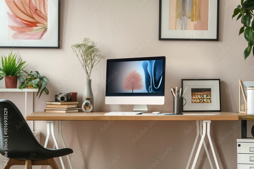 A chic office space with a minimalist design, featuring a sleek desk, a modern chair, a desktop computer, and decorative elements like plants and artwork. A chic office space with a minimalist design, featuring a sleek desk, a modern chair, a desktop computer, and decorative elements like plants and artwork.