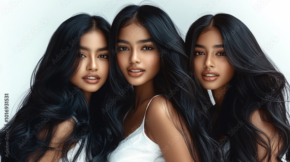 three young women with long, wavy hair for hair advertisment photoshoot. three young women with long, wavy hair for hair advertisment photoshoot.