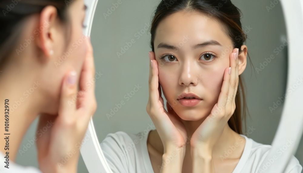 Young Asian Woman Looking at Herself in the Mirror. Skin take care. V line face shape Young Asian Woman Looking at Herself in the Mirror. Skin take care. V line face shape