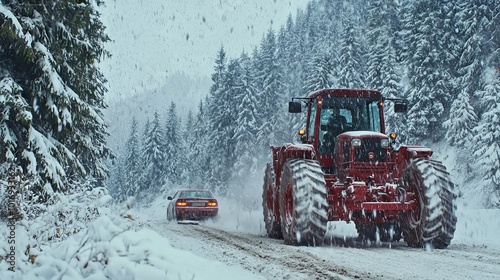 This winter landscape shows a snowplow clearing a snowy road.