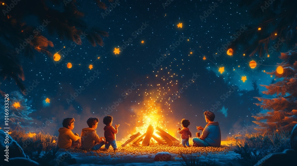 A close-knit family enjoys quality time around a crackling campfire while stargazing and relaxing