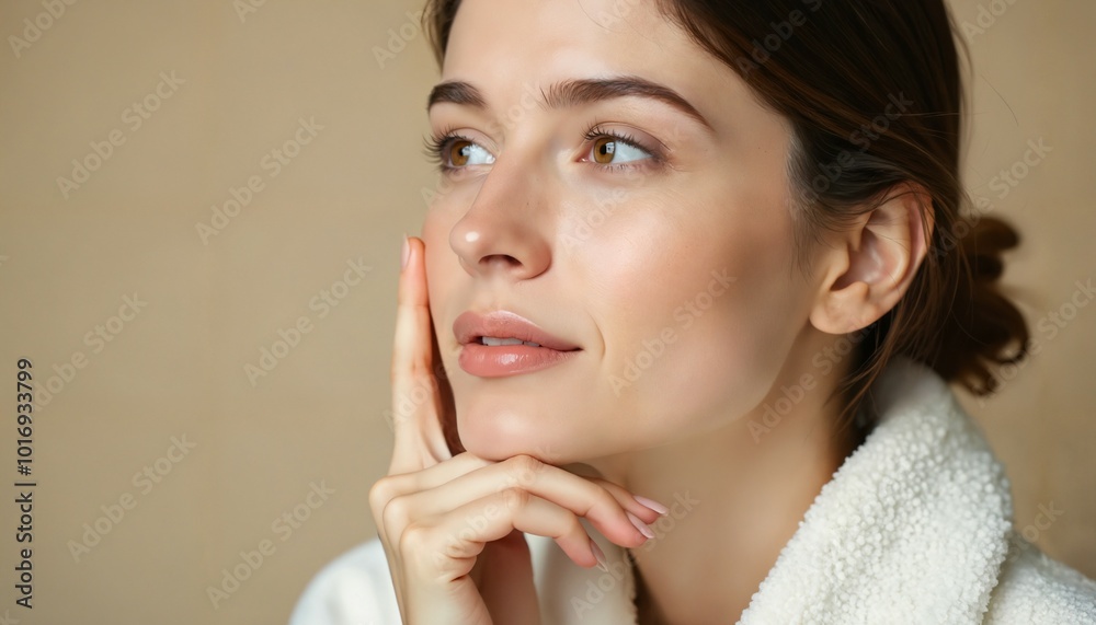 Thoughtful Woman in White Robe, Looking Away. Against on simple background Thoughtful Woman in White Robe, Looking Away. Against on simple background