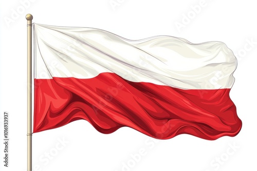 Waving red and white Polish flag on flagpole against white background