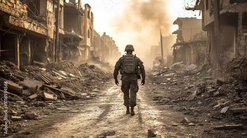 A soldier walks through a war-torn landscape, highlighting destruction and resilience.