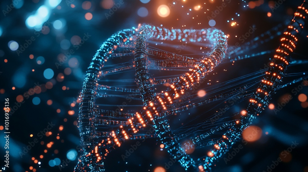 Abstract DNA Structure with Glowing Orange and Blue Particles Abstract DNA Structure with Glowing Orange and Blue Particles