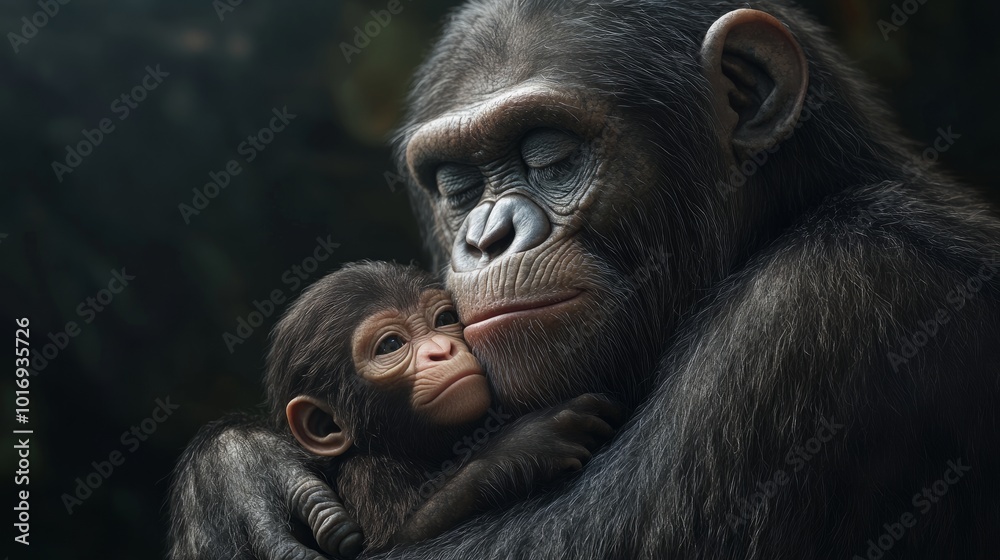 A female chimpanzee cradles her baby in her arms, displaying the strong bond between mother and child. A female chimpanzee cradles her baby in her arms, displaying the strong bond between mother and child.